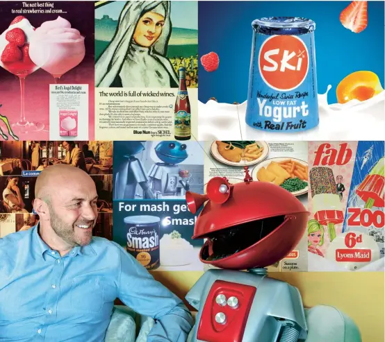  ??  ?? Simon Rimmer with a Smash Martian, in front of some of the brands popular from the 1960s to the 1980s. Inset below: Le Piat D’Or