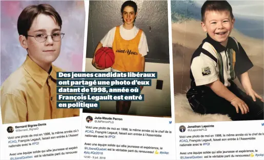  ??  ?? Des jeunes candidats libéraux ont partagé une photo d’eux datant de 1998, année où François Legault est entré en politique