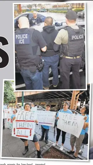  ??  ?? Mayor de Blasio says Friday that Immigratio­n and Customs Enforcemen­t should be abolished. Agents (right) have been ordered to detain immigrants and separate children from their parents, sparking protest across the country.