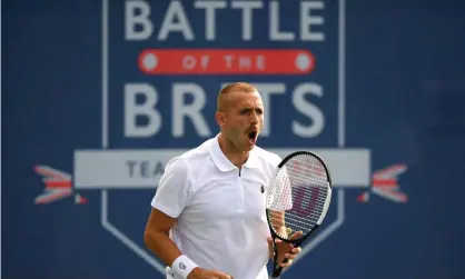  ??  ?? Dan Evans celebrates after beating Kyle Edmund 6-4, 6-4 at the National Tennis Centre. Photograph: Alex Davidson/Getty Images for Battle Of The Brits