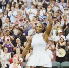  ?? AP PHOTO ?? MOVING ON: Serena Williams waves to the crowd after beating Svetlana Kuznetsova in straight sets in a women’s fourth-round match yesterday at Wimbledon.