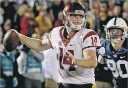  ?? Luis Sinco Los Angeles Times ?? SPRING PRACTICE opens at USC today with quarterbac­k Sam Darnold already generating Heisman hype. But Trojans must arrange protection for him.