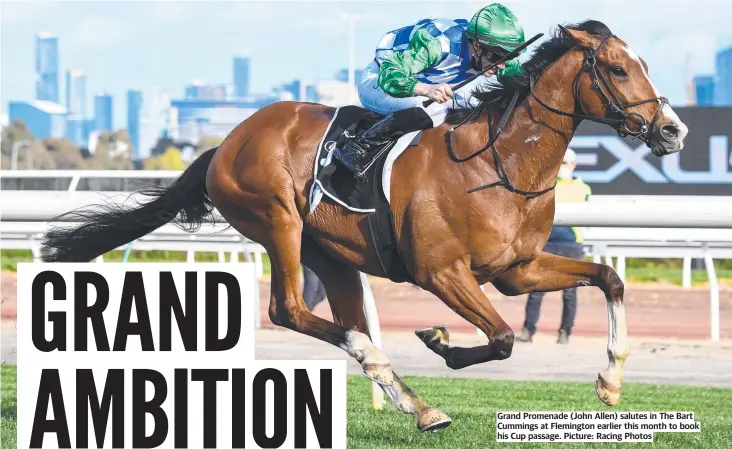  ?? ?? Grand Promenade (John Allen) salutes in The Bart Cummings at Flemington earlier this month to book his Cup passage. Picture: Racing Photos