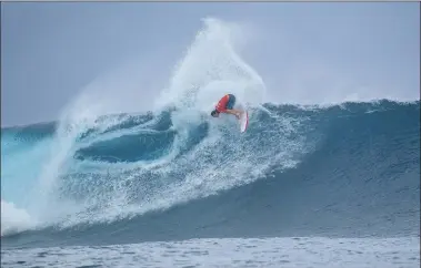 ??  ?? ON CREST: Jordy Smith, in action at the Outer Known Fiji Pro, is top of the Championsh­ip Tour with four events to go.