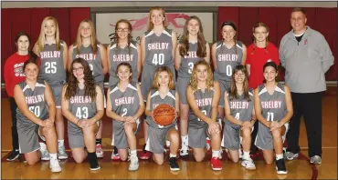  ?? CHUCK RIDENOUR/SDG Newspapers ?? Members of the Shelby seventh grade girls basketball squad include: front row, from left, Payton Stover, Shelby Vaughn, Karlie Walp, Vivian Lindsey, Kelsey Young, Katie Chuvala and Mya Keinath. Back row, Brylee Carver, Emerie Van Dine, Braylee Sturts, Emma Mahek, Karsyn Adkins, Peyton Bruskotter, Chloe Mahek, Cheyenne Corbitt and coach Mike Mahek.