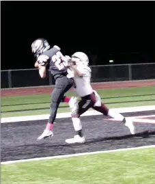  ??  ?? Blackhawk senior Hayden Holtgrewe caught a pass inside the endzone for a Blackhawk touchdown. Holtgrewe led the receiving corps with five catches for 100 yards. Much of the Blackhawks’ offensive success came from senior players, who were honored with...