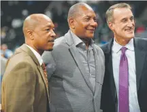  ?? David Zalubowski, The Associated Press ?? Former Nuggets, from left, Fat Lever, Alex English and Bill Hanzlik enjoy Sunday’s game.