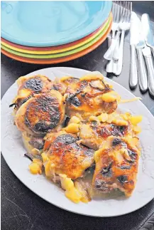  ??  ?? Maple pairs beautifull­y with cider and fresh ginger in this easy Maple Ginger Chicken Thighs. The fruit cooks down, so if you have extra, go ahead and throw more in the pan.