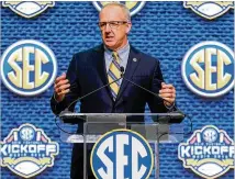  ?? CURTIS COMPTON / CCOMPTON@AJC.COM ?? Implicit in Commission­er Greg Sankey’s SEC rejection of four SEC/ACC in-state rivalries was: We’re bigger than you are. And the Power Five pick conference solidarity above all else.