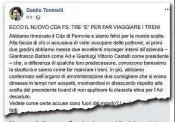  ??  ?? L’annuncio Il post su Facebook con cui il ministro dei Trasporti, Danilo Toninelli (M5S), annuncia il cambio ai vertici delle Ferrovie dello Stato con la nomina di Gianluigi Castelli (presidente) e Gianfranco Battisti (ceo)