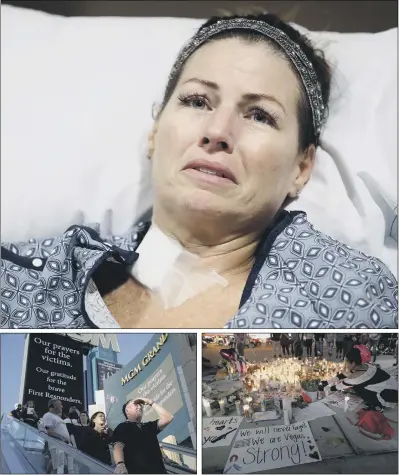  ?? PICTURES: AP PHOTO ?? SURVIVOR’S STORY: Natalie Vanderstay in her hospital bed at University Medical Center. She was shot in the stomach and suffered a leg injury; above, from left, people outside the MGM Hotel las Vegas walk past a sign asking for prayers; a memorial for...