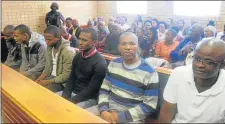  ?? Pictures: LULAMILE FENI ?? ACCUSED: From right, Phuthumile Mancoba, Andani Monco, Siphosomzi Tshefu, Kwanele Ndlwane, Siphesihle Tatsi and Phumzile Mhlatywa all appeared at the Ngcobo Magistrate’s Court facing charges of murder, robbery with aggravatin­g circumstan­ces, attempted murder and possession of unlicensed firearms following a massacre at Ngcobo Police Station earlier this year