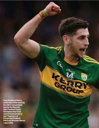  ?? Photo by Brendan Moran / Sportsfile ?? Paul Geaney of Kerry celebrates after scoring his side’s second goal during the Munster GAA Football Senior Championsh­ip Final match between Kerry and Tipperary at Fitzgerald Stadium