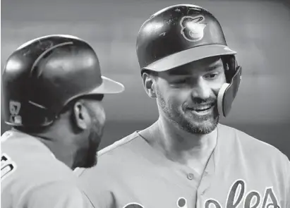  ?? RAJ MEHTA/AP ?? Trey Mancini, seen smiling with Hanser Alberto after hitting a home run in a recent game, wants to take on a greater leadership role for the Orioles during the 2020 season. Mancini previously did the same thing for his high school and college baseball teams.