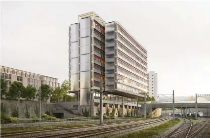  ?? ESCH SINTZEL / FILIPPO BOLOGNESE ?? Das Hochhaus schafft Bezüge zwischen Gleis und Stadt, aber auch zwischen Bahnhofs- und Wohnquarti­er.