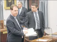  ?? MITCH MACDONALD/THE GUARDIAN ?? Opposition Leader James Aylward, left, and Kensington-Malpeque MLA Matthew MacKay get ready for Thursday’s question period. The session started with both Aylward and MacKay calling for more accountabi­lity on government loans and the province’s Crown...