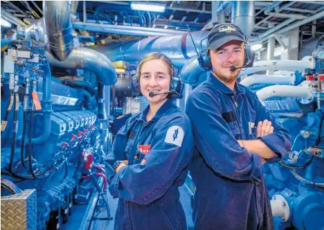  ?? Photo / Supplied ?? Brother and sister marine technician­s Anelies and Matt Duffy in HMNZS Manawanui’s engine room.