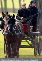  ??  ?? Back in the driving seat: A groom rides shotgun as Philip goes for a leisurely spin in Windsor Great Park yesterday, just nine weeks after having emergency heart surgery to clear a blocked artery