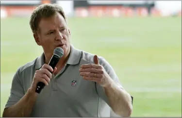  ?? TONY DEJAK — THE ASSOCIATED PRESS FILE ?? NFL commission­er Roger Goodell answers questions during a season ticket member fan forum before practice at the Browns’ training camp facility in Berea, on Aug. 17, 2017.