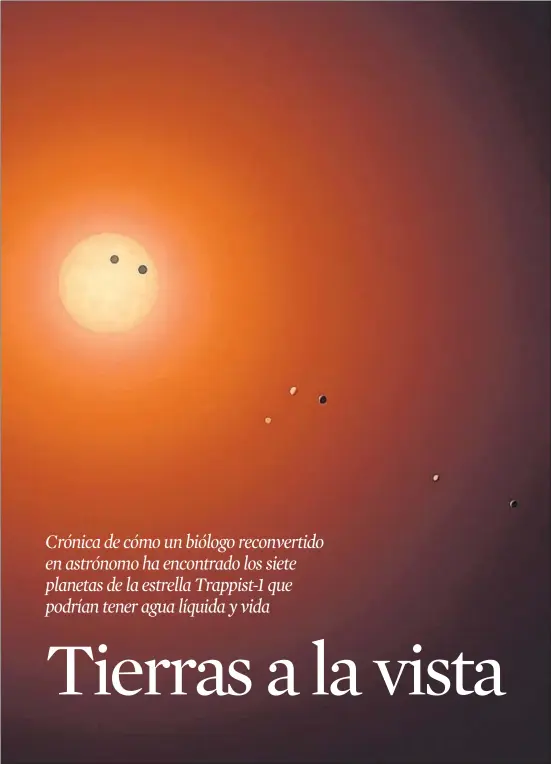  ?? EUROPEAN SOUTHERN OBSERVATOR­Y ?? Imagen virtual de la estrella enana Trappist-1, que emite luz de color salmón, con los siete planetas