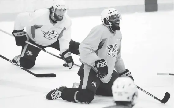  ?? MARK HUMPHREY/THE ASSOCIATED PRESS ?? Nashville Predators defenceman P.K. Subban has fit right in with his new teammates and is now four wins away from capturing the Stanley Cup.