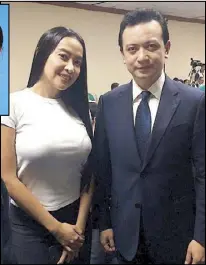  ??  ?? PCOO Assistant Secretary Mocha Uson poses with Sen. Antonio Trillanes IV during a Senate hearing on fake news yesterday. Inset shows former Anti-Money Laundering Council executive director Julia Bacay-Abad, whom President Duterte accused of being the...