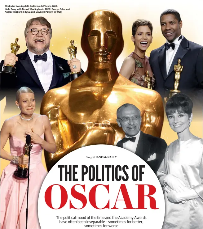  ?? ?? Clockwise from top left: Guillermo del Toro in 2018;
Halle Berry with Denzel Washington in 2002; George Cukor and Audrey Hepburn in 1965; and Gwyneth Paltrow in 1999.