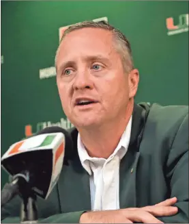  ?? / AP-Lynne Sladky ?? Miami athletic director Blake James speaks during a news conference after head football coach Mark Richt announced his retirement on Sunday in Coral Gables, Fla.