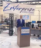  ?? COURTESY OF AFRL/BERNCO ?? County Commission­er Lonnie Talbot speaks Tuesday at a news conference announcing the Air Force Research Lab’s Enterprize Challenge to engage local businesses.