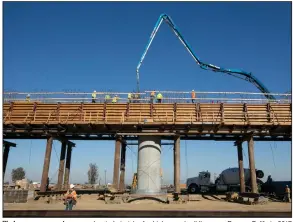  ??  ?? Workers pour concrete on an elevated stretch of a high-speed rail line near Fresno, Calif., in 2017. Land acquisitio­n has long been a hurdle for the project.