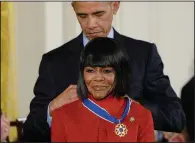  ?? (Olivier Douliery/Abaca Press/TNS) ?? U.S. President Barack Obama presents Cicely Tyson with the Presidenti­al Medal of Freedom in 2016 in the East Room of the White House in Washington. Tyson died Jan. 28. According to her recently released memoir, she was 87. Public records indicate she was 96.