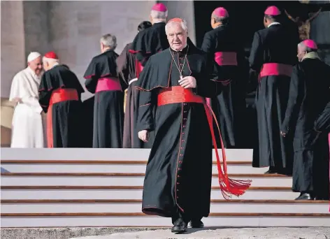  ??  ?? Gerhard Ludwig Kardinal Müller vor zwei Jahren während einer Generalaud­ienz im Vatikan; im Hintergrun­d Papst Franziskus.