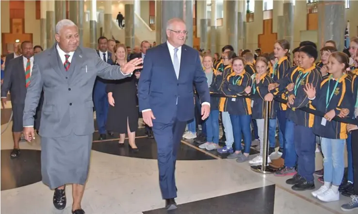  ?? Photo: PM’s Office ?? Prime Minister Voreqe Bainimaram­a was escorted by his Australian counterpar­t Scott Morrison to the Parliament House in Canberra where they also met school children on September 16, 2019.