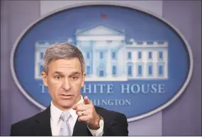  ?? Win McNamee / Getty Images ?? Acting Director of U.S. Citizenshi­p and Immigratio­n Services Ken Cuccinelli speaks about immigratio­n policy at the White House during a briefing on Monday in Washington, DC. During the briefing, Cuccinelli said that immigrants legally in the U.S. would no longer be eligible for green cards if they utilize any social programs available in the nation.