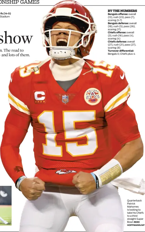  ?? ?? Quarterbac­k Patrick Mahomes is looking to take his Chiefs to a third straight Super Bowl.
REED HOFFMANN/AP