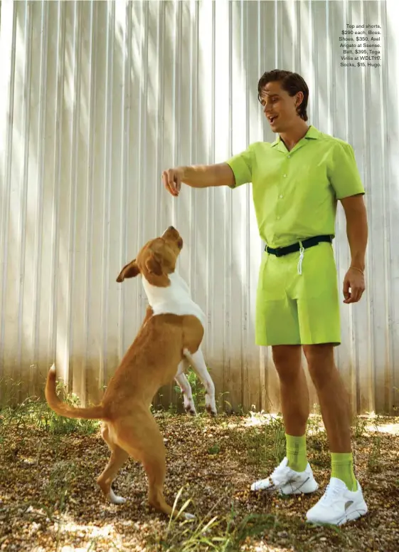  ??  ?? Top and shorts, $290 each, Boss. Shoes, $350, Axel Arigato at Ssense. Belt, $395, Toga Virilis at WDLT117. Socks, $15, Hugo.