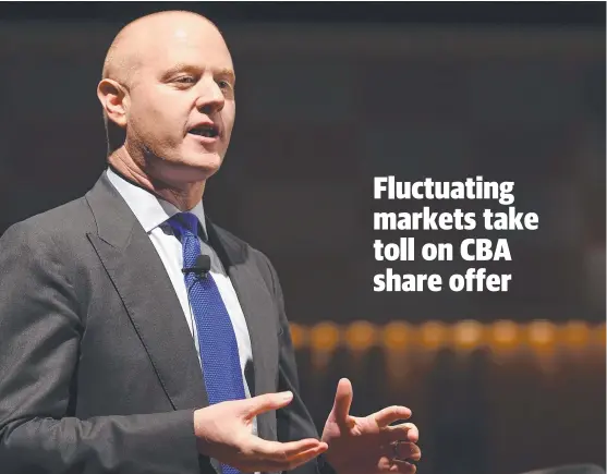  ?? Picture: AAP/DAN HIMBRECHTS ?? Commonweal­th Bank chief executive Ian Narev speaking in Sydney last month. The bank is offering shares in a retail bookbuild.