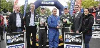  ??  ?? Winners of the Sligo Stages Rally and the new Triton Showers National Rally Champions Sam Moffett and Karl Atkinson with Robert Lyttle (COC Sligo Stages Rally),Aidan Kelly (Triton Showers National Championsh­ip) Karl Atkinson, Ciaran Phelan (FAAC Simply...