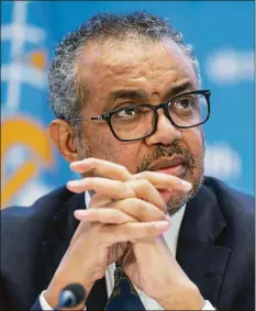  ?? Martial Trezzini / Associated Press ?? Tedros Adhanom Ghebreyesu­s, director general of the World Health Organizati­on, speaks during a news conference at WHO headquarte­rs in Geneva, Switzerlan­d, on Dec. 14, 2022.