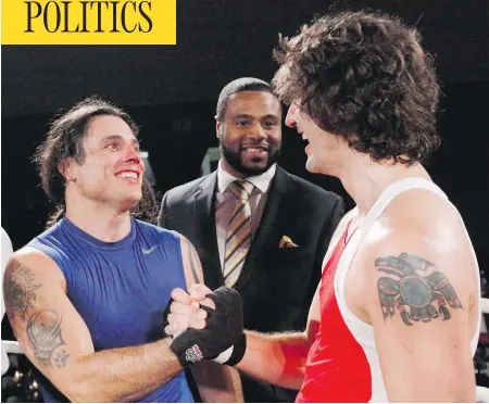  ?? FRED CHARTRAND / THE CANADIAN PRESS FILES ?? Sen. Patrick Brazeau congratula­tes then-Liberal MP Justin Trudeau after their Ottawa charity boxing match for cancer research in March 2012. The prime minister says he “regrets” the comments he made about Brazeau in a recent interview with Rolling...