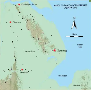  ??  ?? Right: Early AngloSaxon cemeteries in Lincolnshi­re; some are represente­d by scatters of artefacts dragged out of graves by cultivatio­n