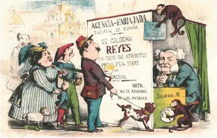  ??  ?? MOTIVO DE SÁTIRA.
Caricatura en la que un carlista, con la boina roja, e Isabel II, con el futuro Alfonso XII a su lado, leen un anuncio sobre la vacante de rey en España. Fue publicada en La Flaca, una revista satírica, republican­a y federalist­a editada en Barcelona durante el Sexenio Democrátic­o.