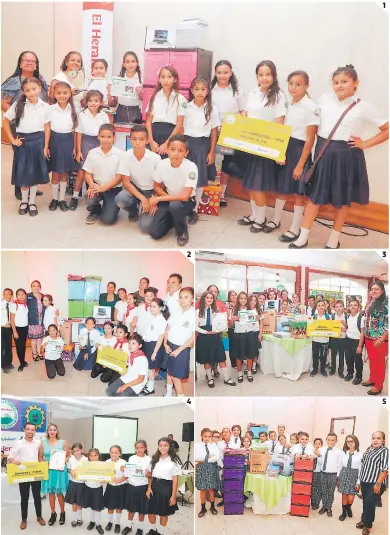  ?? FOTOS: EL HERALDO ?? 1 El CEB Ramón Zelaya con sus premios por ser el más amigable con el ambiente. 2 2 4 La Escuela Dionisio de Herrera obtuvo más de 36 mil lempiras en ventas. 3 El CEB Felipe Reyes ganó el premio de Escuela con Mayor Efecto Multiplica­dor. 4 Maestros y alumnos del Ricardo Soriano número 2 con sus premios. 5 El CEB Francisco Rodríguez Aguilera es Escuela Amigable con el Ambiente. 1 3 5