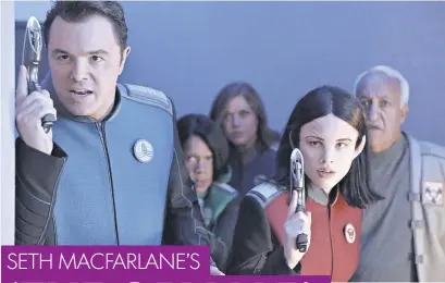  ?? FOX ?? Seth MacFarlane, Penny Johnson Jerald, Adrianne Palicki, Halston Sage and guest star Brian George pay crude homage to classic sci-fi in The Orville.