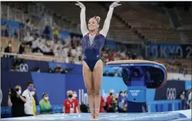  ?? ASHLEY LANDIS — THE ASSOCIATED PRESS ?? Mykayla Skinner of the United States, performs on the vault during the artistic gymnastics women’s apparatus final at the 2020Summer Olympics, Sunday, Aug. 1, 2021, in Tokyo, Japan.