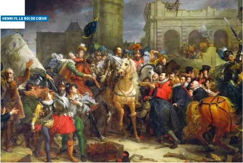  ??  ?? L’Entrée d’Henri IV dans Paris, le 22 mars 1594, peinture monumental­e de François Gérard, 1817. Cette fresque historique se situe après le sacre du roi à Chartres. Sont représenté­s, entre autres, Sully, Biron, Bellegarde et Gabrielle d’Estrées, ainsi que Brissac, Montmorenc­y, Crillon et de Retz, à cheval. Les clefs sont présentées par le prévôt Lhuillier accompagné des échevins.