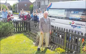  ??  ?? Bill Divers gets a 100th birthday cheer from Canterbury Age UK staff