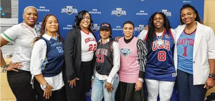  ?? CONTRIBUTE­D ?? Headliners of the “Who’s in the Jersey?” program put on by Dayton Public Schools Athletics at Belmont High School included: (left to right ) Phillitia Charlton, Diona Clark, Danielle Roe, Shenise Turner-sloss, Victoria Jones, Brandie Hoskins and Tamika Williams-jeter. The event, held Thursday at Belmont High, was hatched by Dayton Public Schools to salute National Girls and Women in Sports Day.