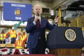  ?? (AP/Patrick Semansky) ?? President Joe Biden speaks about his economic agenda Wednesday at a training center in DeForest,
Wis.