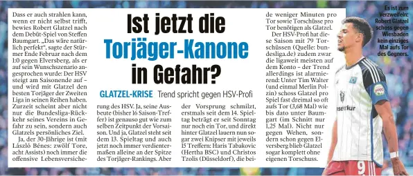  ?? ?? Es ist zum Verzweifel­n: Robert Glatzel schoss gegen Wiesbaden kein einziges Mal aufs Tor des Gegners.